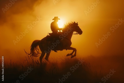 Silhouette of a cowboy on a rearing horse at sunset, dramatic western scene