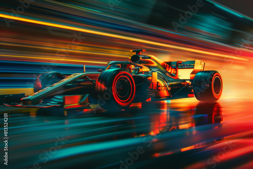Dynamic image of a Formula One car speeding on a race track.
