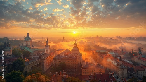 Breathtaking Sunrise Over Lviv Old City with Historical Architecture and Misty Morning Sky