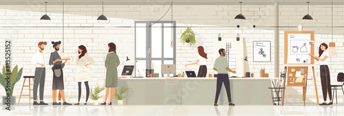  A flat vector illustration of people working in an office, standing around a drawing board with sketches and models on it, in a creative studio environment