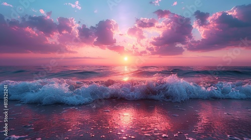 Stunning Pink-Purple Sunrise Over the Kiev Sea with Vibrant Sunlight and Waves