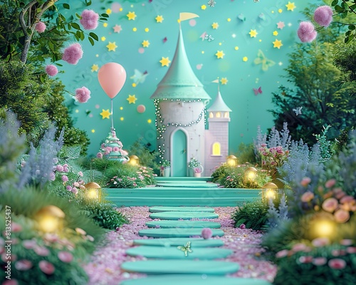 Kids Gift Cards Mockups, This dreamy 3D illustration depicts a fairy-tale castle surrounded by a magical flower garden, complete with floating stars, glowing lanterns, and whimsical decorations.