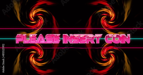 Image of please insert coin text against red digital wave spinning on black background