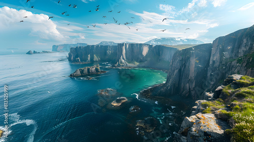 A photo featuring the rugged coastline of Norway dotted with remote islands and rocky outcrops. Highlighting the dramatic cliffs plunging into the sea and the clear blue waters lapping at the shore, w