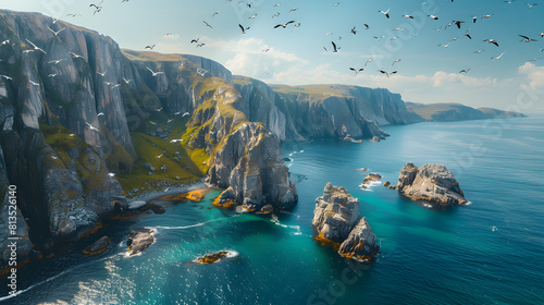 A photo featuring the rugged coastline of Norway dotted with remote islands and rocky outcrops. Highlighting the dramatic cliffs plunging into the sea and the clear blue waters lapping at the shore, w