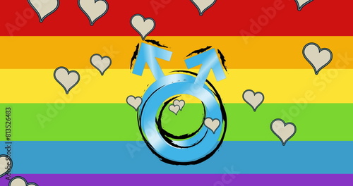 Image of hearts and male symbol over rainbow background