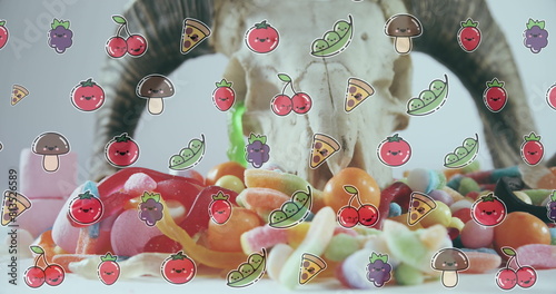 Image of falling food over fruit and vegetable on table