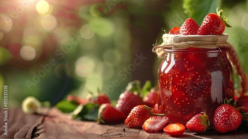 A jar of strawberry jam surrounded by strawberries on the table