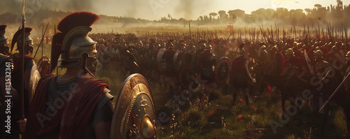 Ancient roman warriors on the battlefield, Roman Empire army at war, generated ai