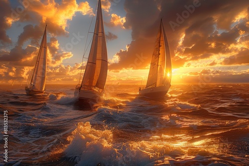 A group of sailboats are sailing in the ocean at sunset
