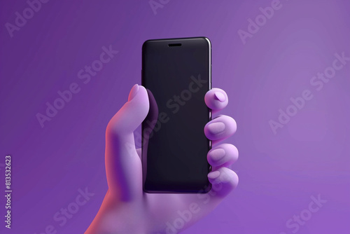 3d hand holding a mobile phone cartoon character index finger in realistic style isolated on purple background elements for banner design 3D Rendering
