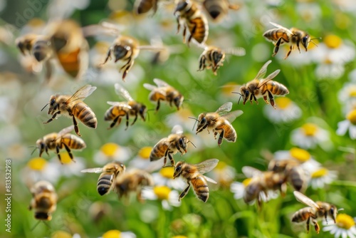 A swarm of bees buzzing around a riot of blooming flowers