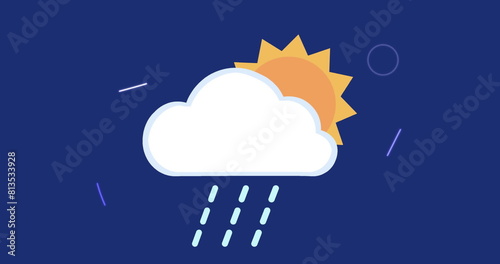 Image of cloud and sun icon over shapes on blue background