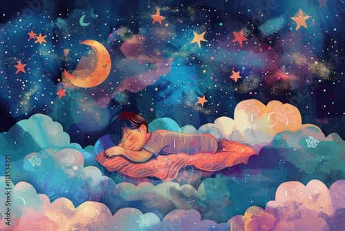 A peaceful image of a child sleeping on a fluffy cloud, perfect for dreamy concepts