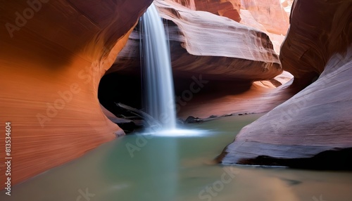 A tranquil waterfall flowing through a canyon of s upscaled 4