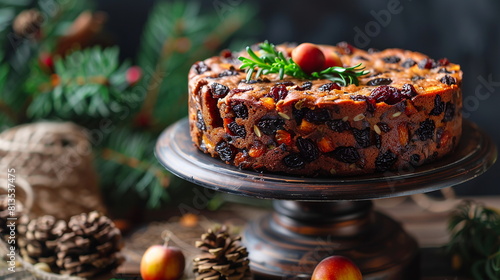 Festive fruitcake studded with dried fruits and nuts, served on a cake stand.