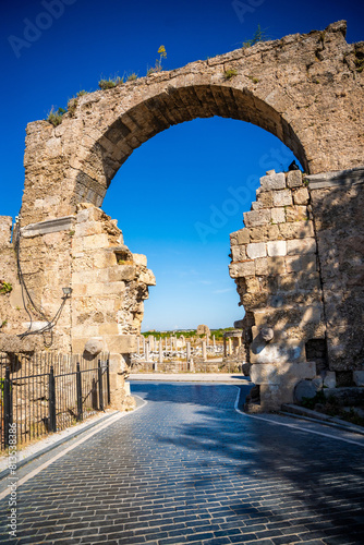 Ruins of Agora, ancient city in Side in sunny summer day, Turkey