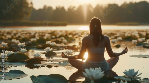 A woman meditating in a peaceful water setting. Ideal for wellness and relaxation concepts