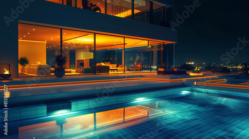 Night view of a luxurious cubic house with floor-to-ceiling windows and a glowing pool.