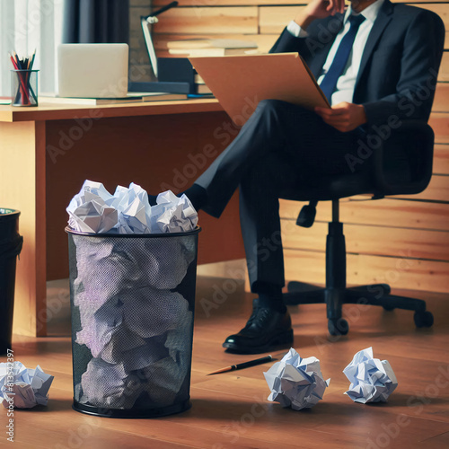 Businessman in office with crumpled paper balls in trash can