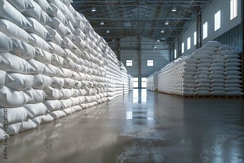 Industrial warehouse with stacks of cement bags. Suitable for construction industry projects