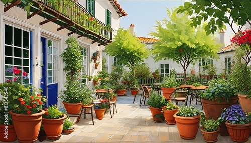 A beautiful terrace with lots of pots and plants, oil painting, thick brushstrokes