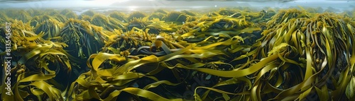 Aerial view of vast kelp forests swaying in shallow waters, aerial style