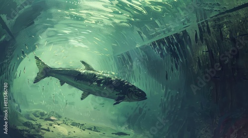 Underwater perspective concept of swordfish hunting in schools of sardines.