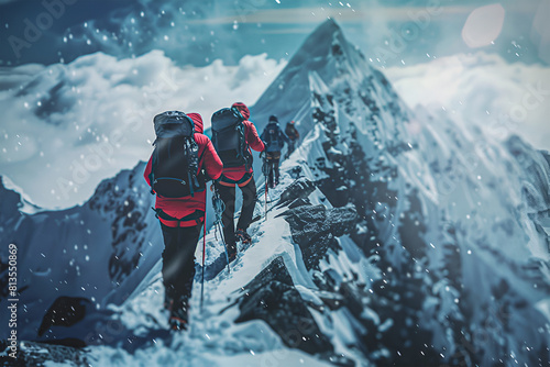 Climbers on top of a snow mountain climbing, hiking, trekking with gear and backpack. Friendship concept
