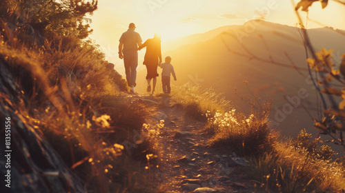 Sunset Stroll - The family walks along a mountain trail in the golden light of the setting sun, warm rays illuminate their faces. 