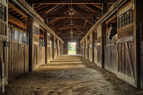 A barn aisle with horses peeking out from stalls on either side, creating symmetry and visual interest