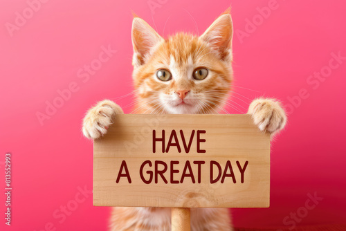 Charming Cute Ginger Kitten Holding "Have a Great Day" Sign on Pink Background