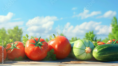 青空がコピースペースになっている新鮮な旬の夏野菜の写真背景素材_横位置_園芸、ヘルシーイメージ