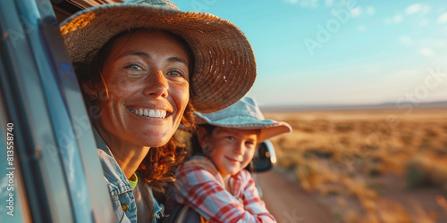 smiling woman wearing hat and family on road trip in car