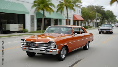 A 1960s chevy nova ss cruising down a palm lined s upscaled 4