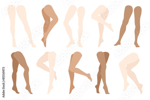 Bare woman legs. Female smooth skin in tights, girl sensual foot with raised shin, woman leg in tights. Vector flat set. Naked slim feminine figure, cartoon isolated young lady body parts