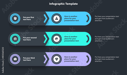 Modern diagram with three options with icons and a place for your text - dark version. Flat infographic design for website, marketing or promotion.