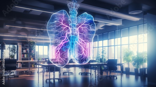 The photo is an illustration of the human respiratory system. The lungs are depicted as a pair of blue and pink translucent organs, suspended in a modern office space.