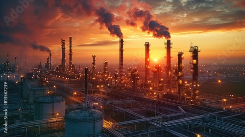View of an oil refinery plant from the industry zone with sunrise in the background. Generative AI.