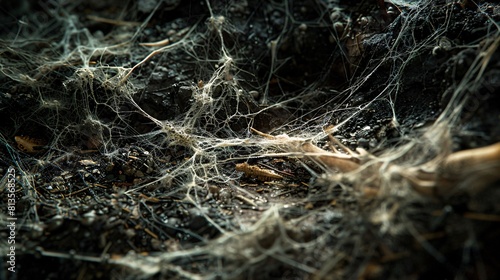 Close up shot of mycelium threads weaving through soil or decaying matter, highlighting the hidden underground world of fungi