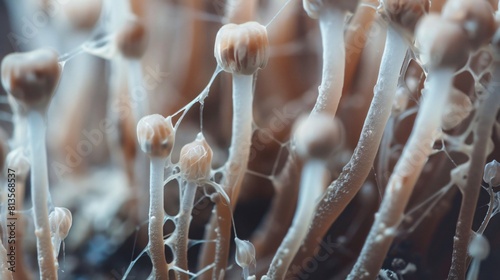 Close up shot of mycelium threads weaving through soil or decaying matter, highlighting the hidden underground world of fungi