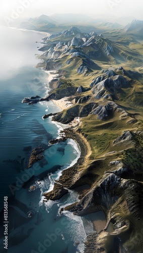 Aerial shot of a winding coastline with jagged cliffs and secluded beaches, aerial style