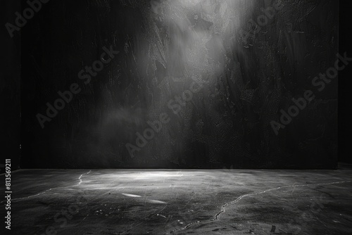 Spotlight in a dark room with concrete floor and brick wall. Dark room with spotlight. Spotlight effect