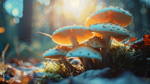 Macro shot capturing the intricate details of mushrooms growing on the forest ground