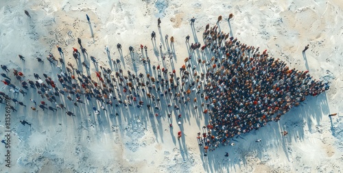 A group of people are standing in a line, forming an arrow pointing to the right