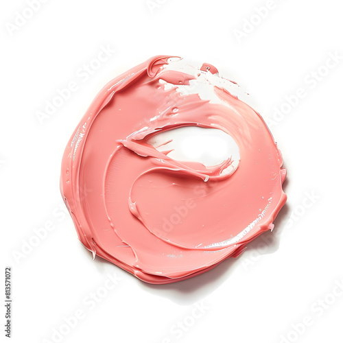 Face gel, pink cream swatch in the shape of a circle. Liquid circle swatch isolated on white background