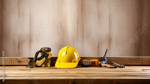 a yellow helmet and tools on a wooden surface