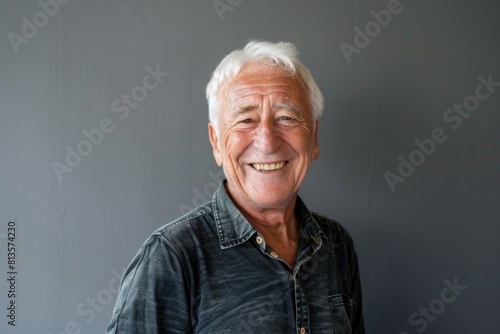 Senior Background. Aged American Man Smiling Alone in Casual Attire on Gray Background