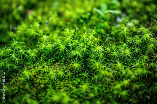 Green Moss Forest: Macro Detail of Grooved Moss in Nature with Dew Drops