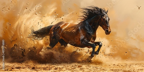 Horse galloping in the dust. 3d rendering illustration.